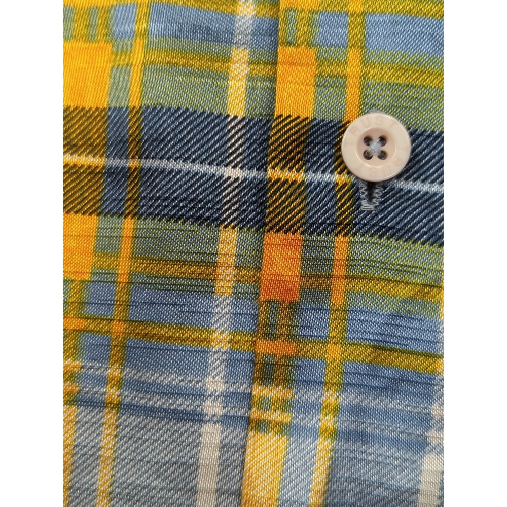 Trust Made Korea vintage men's XL blue yellow plaid Button front Shirt polyester - Picture 10 of 12